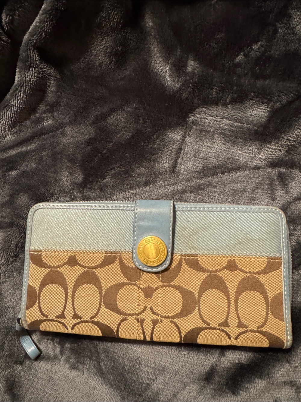 Coach Brown Signature Canvas Wallet with Light Blue Trim